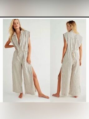 NWOT Free People Beach Town Linen Striped Jumpsuit XS